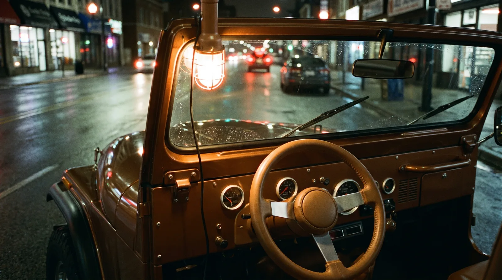 Restomod Jeep CJ-5, city street at night from the driver's seat