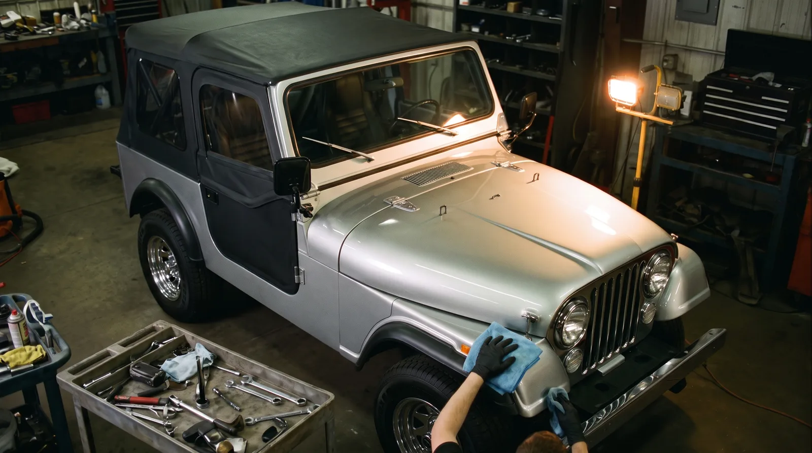 1979 Jeep CJ-5 Silver Anniversary, being polished in a restoration shop