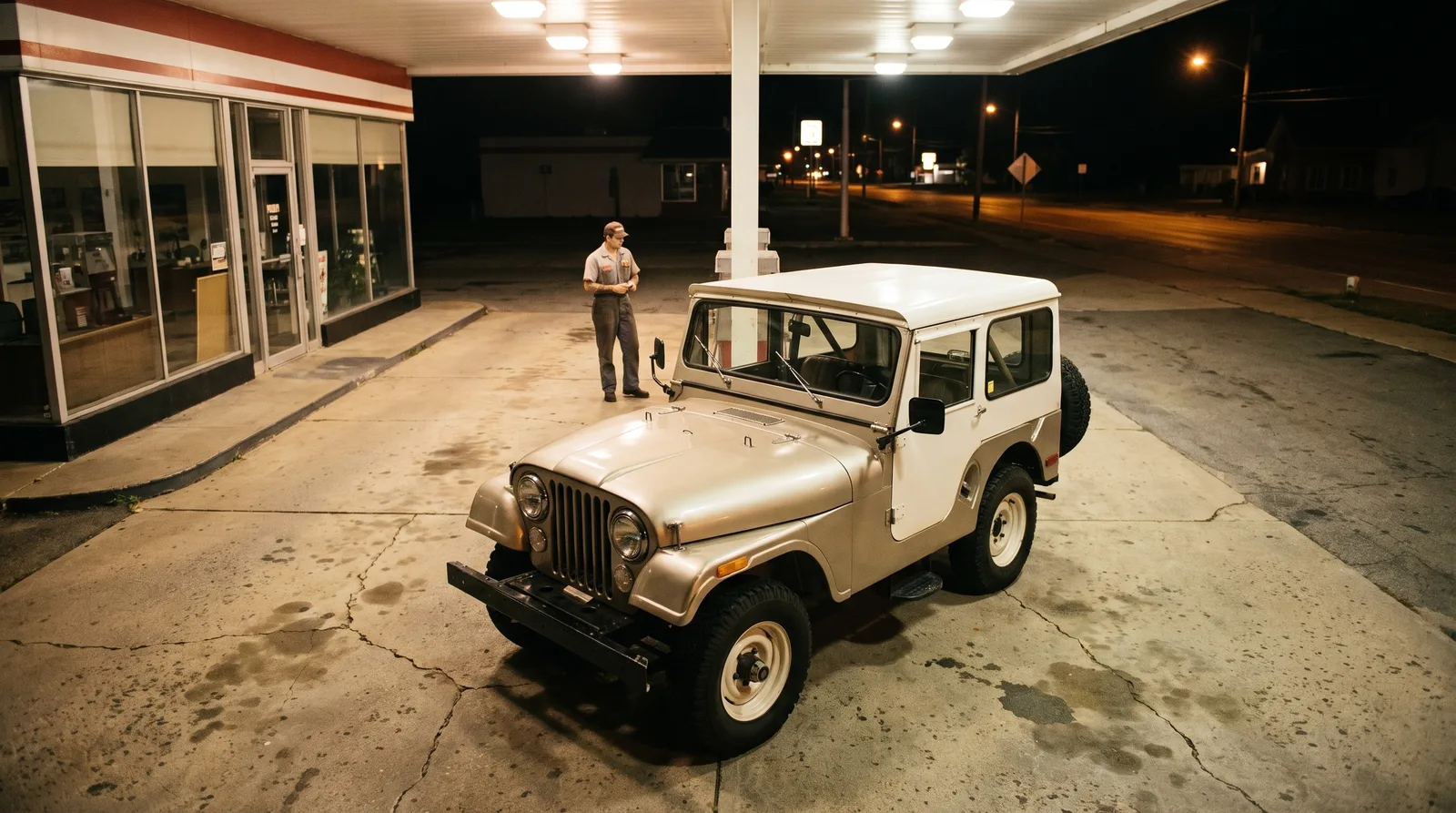 1973 Jeep CJ-5 Super Jeep, at an old gas station at night