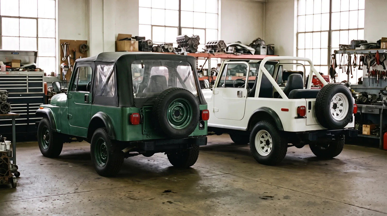 1980 Jeep CJ-5 and 1982 Jeep CJ-7, side by side in a workshop
