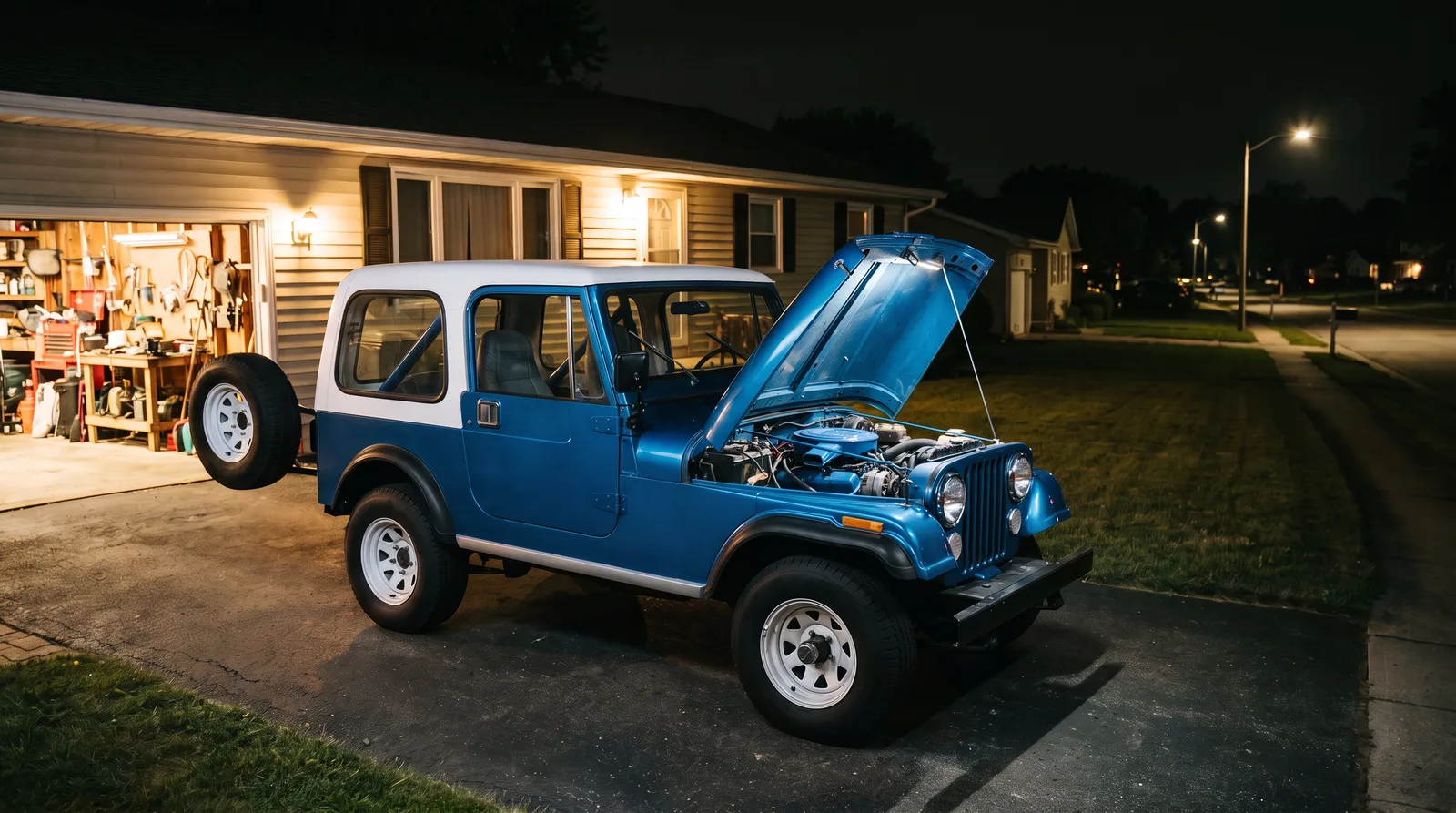 1978 Jeep CJ-7 V8, hood up in a suburban driveway at night