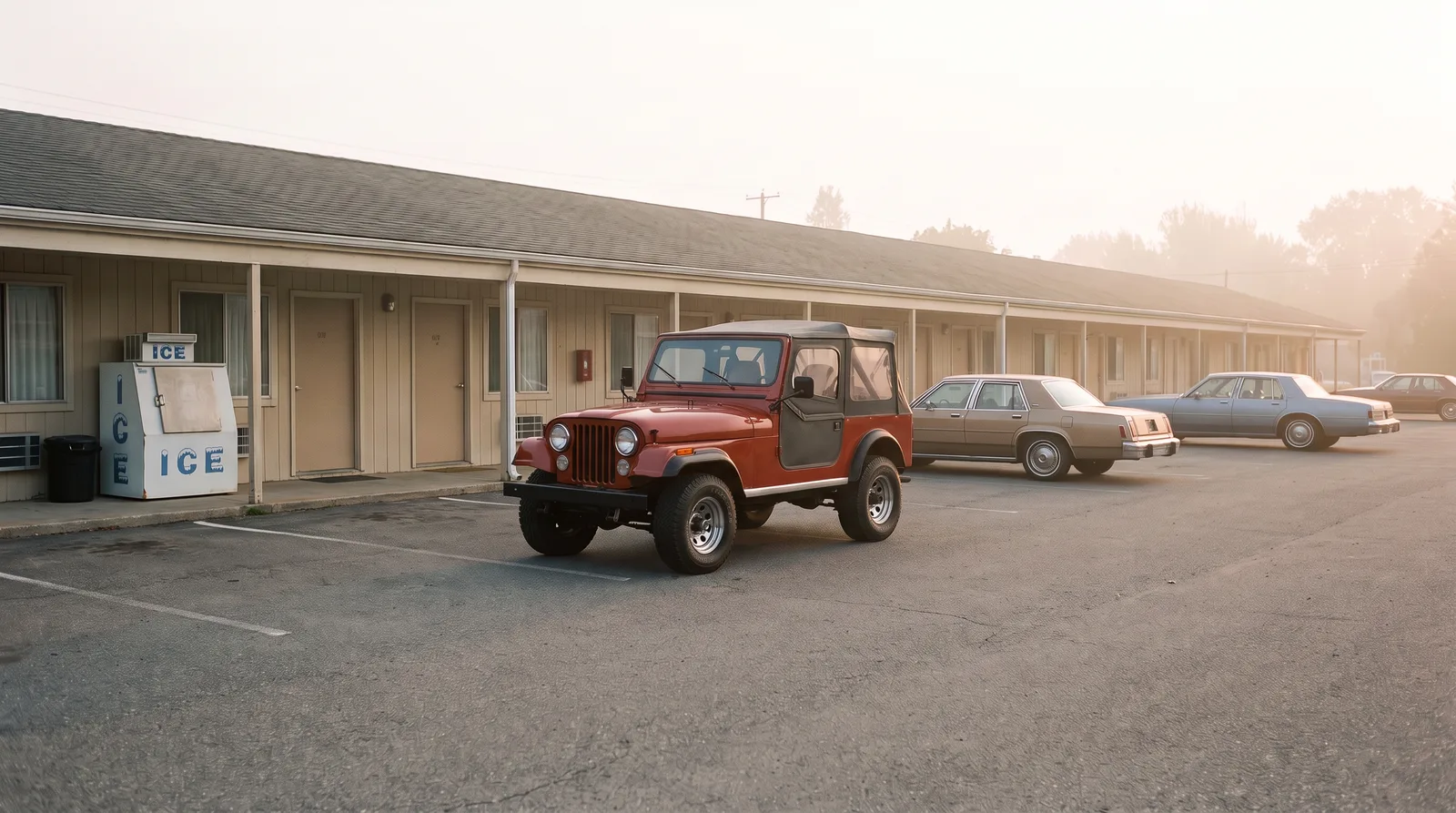 1979 Jeep CJ-7, red soft-top at a hazy roadside motel