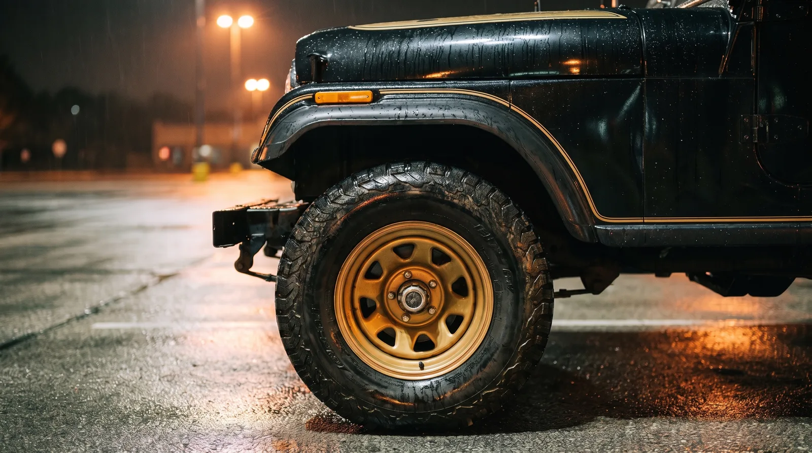 1977 Jeep CJ-7 Golden Eagle, gold wheel on a wet night lot