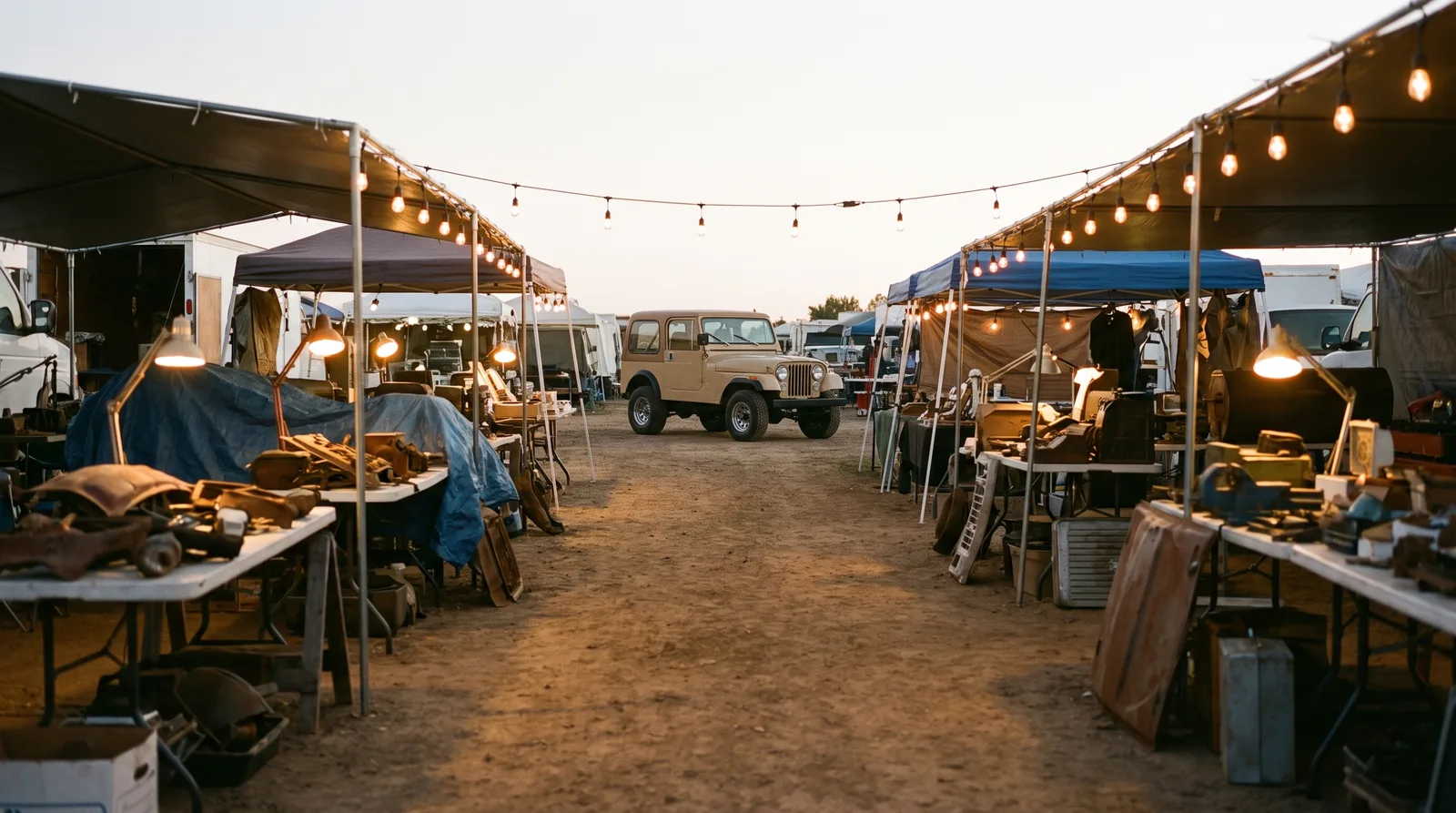 Jeep CJ-7 hardtop, at the end of a swap meet aisle