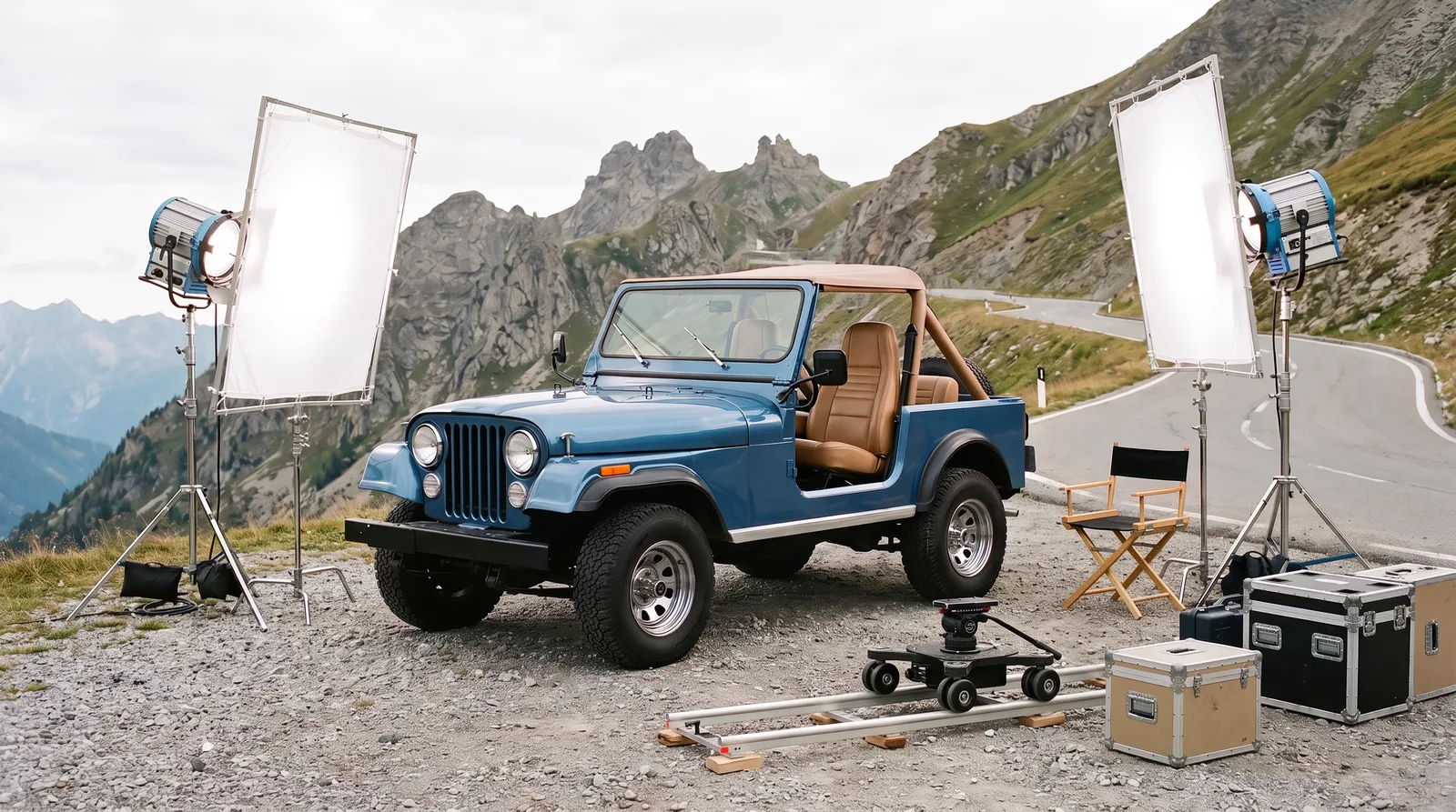 1980 Jeep CJ-7, blue with bikini top at a mountain film location