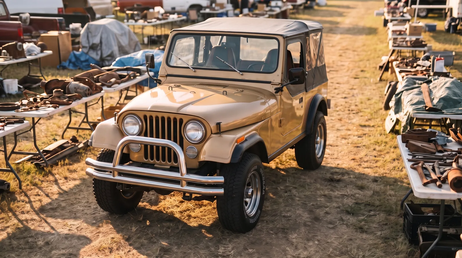 1982 Jeep CJ-7 Jamboree, in a swap meet aisle at golden hour