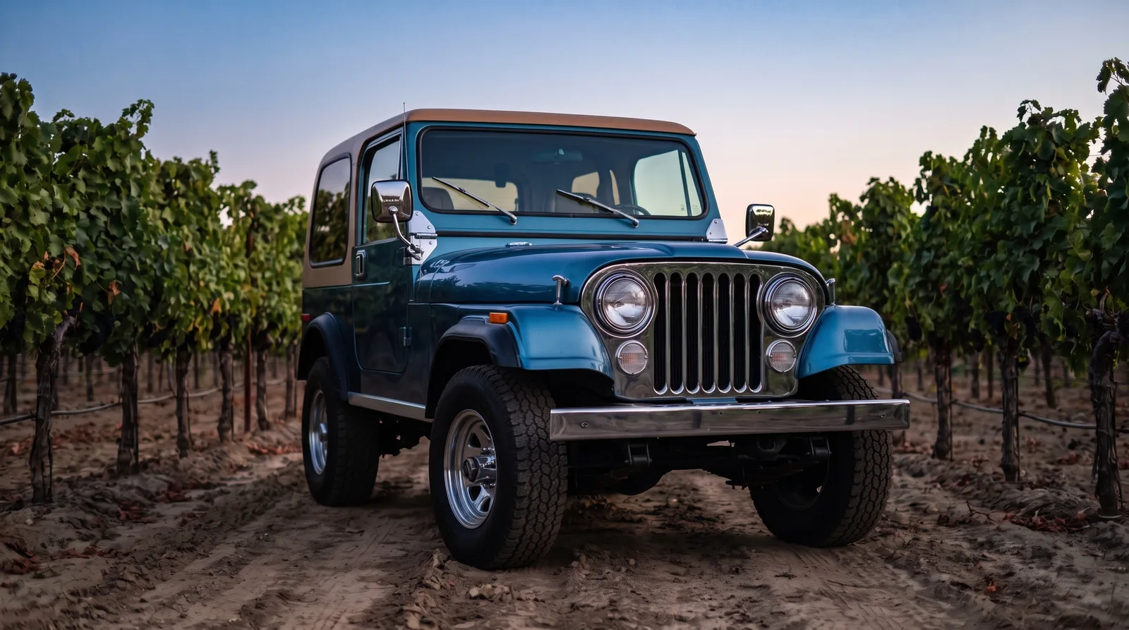 1980 Jeep CJ-7 Laredo, on a vineyard lane at dusk