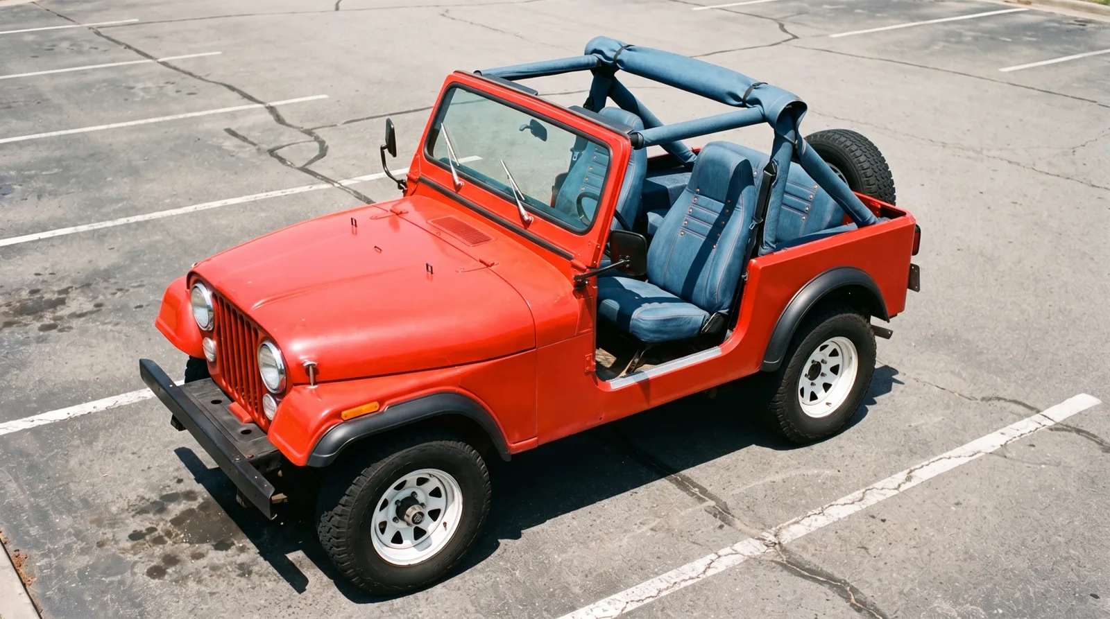 Jeep CJ-7 Levi's Edition, denim seats seen from above in a parking lot