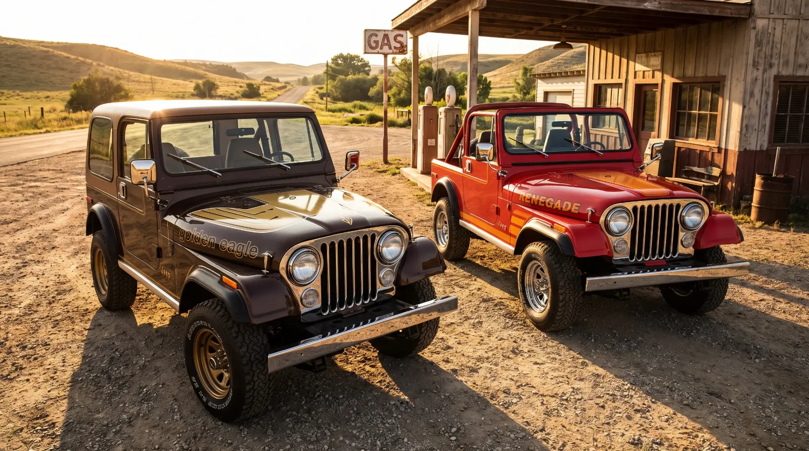 Golden Eagle and Renegade Jeep CJ-7s parked at a rural gas station in golden light
