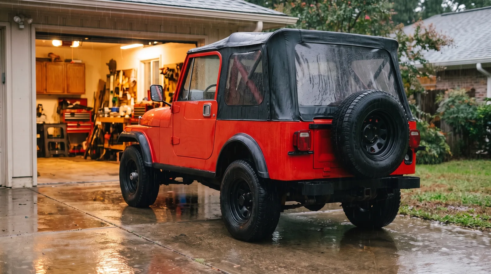 Jeep CJ-7 Renegade, parked by an open garage in the rain