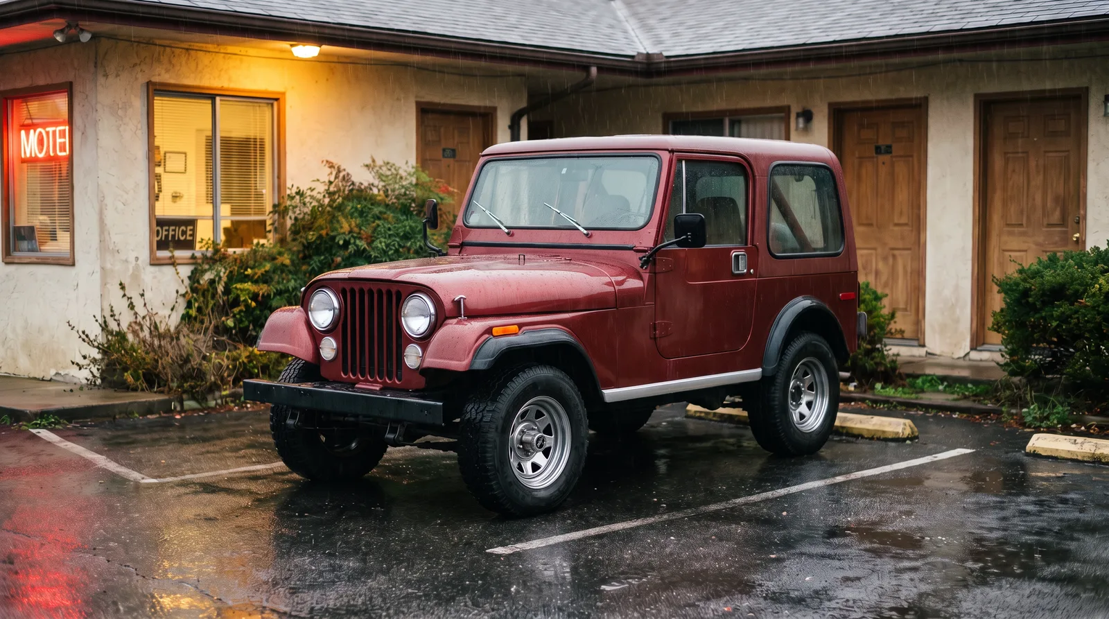 1986 Jeep CJ-7, parked at a roadside motel in the rain