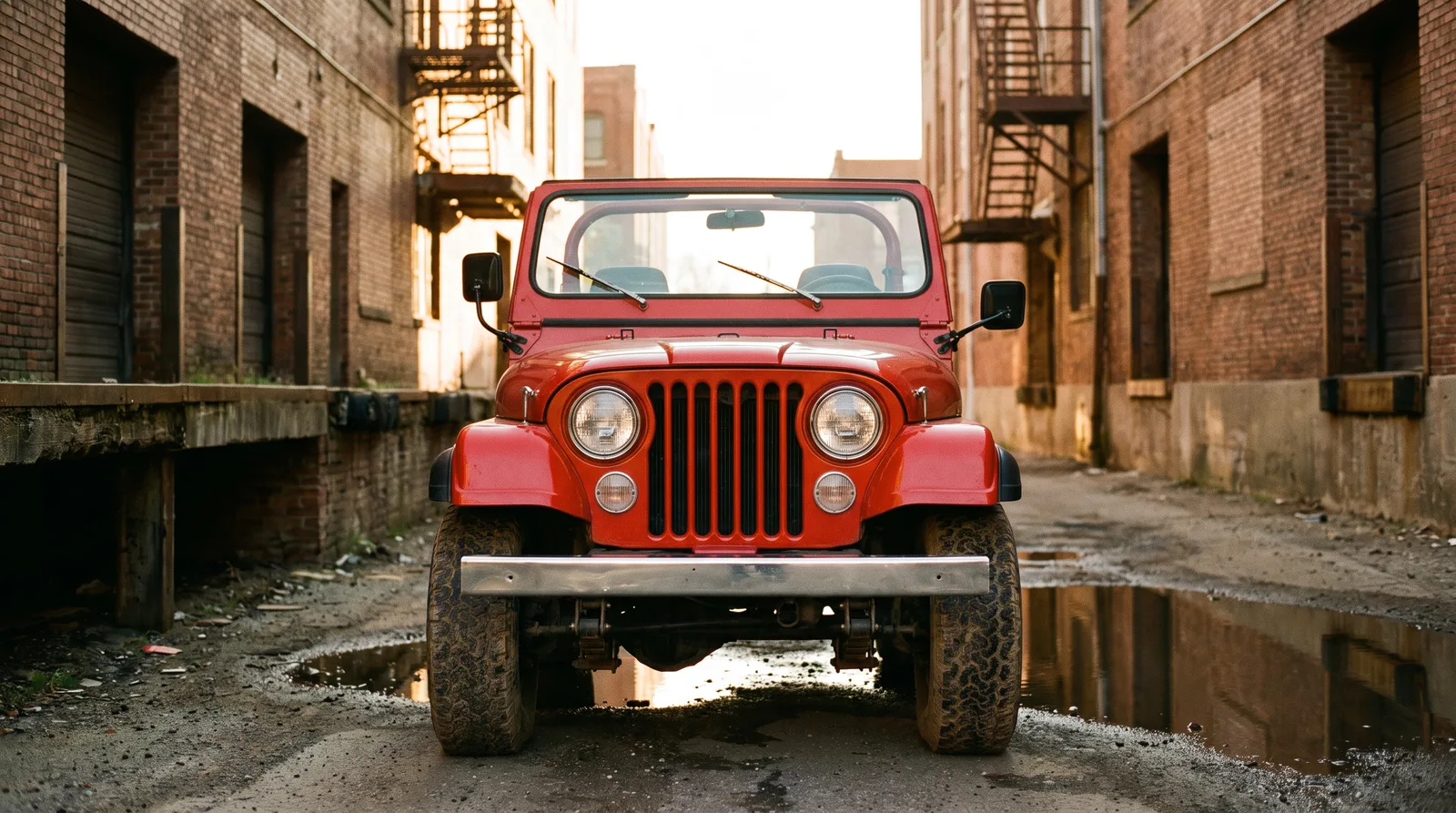 1981 Jeep CJ-7, head-on in a brick warehouse alley