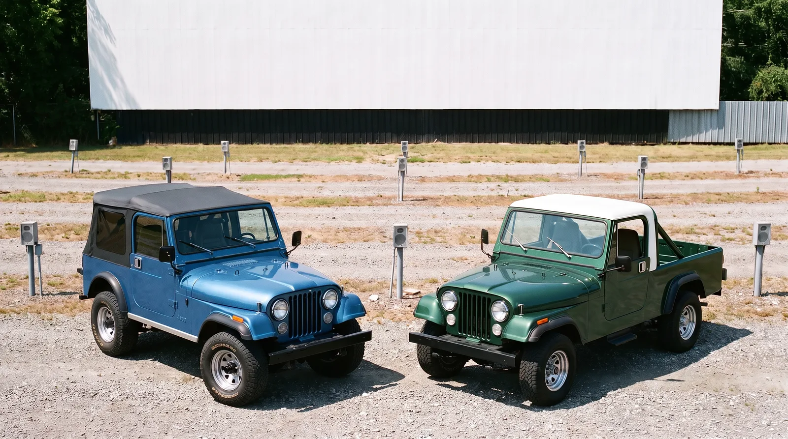 Jeep CJ-7 and CJ-8 Scrambler, side by side at a drive-in theatre