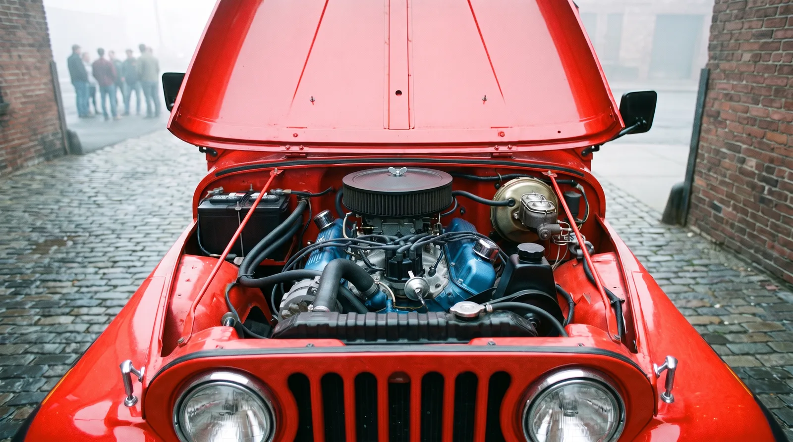 1979 Jeep CJ-5 AMC 304 V8 — hood up in a misty brick alley