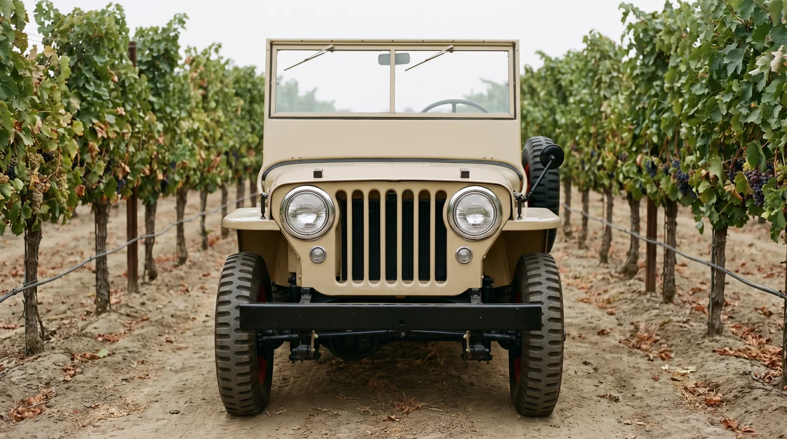 1946 Willys Jeep CJ-2A in Harvest Tan, on a vineyard lane