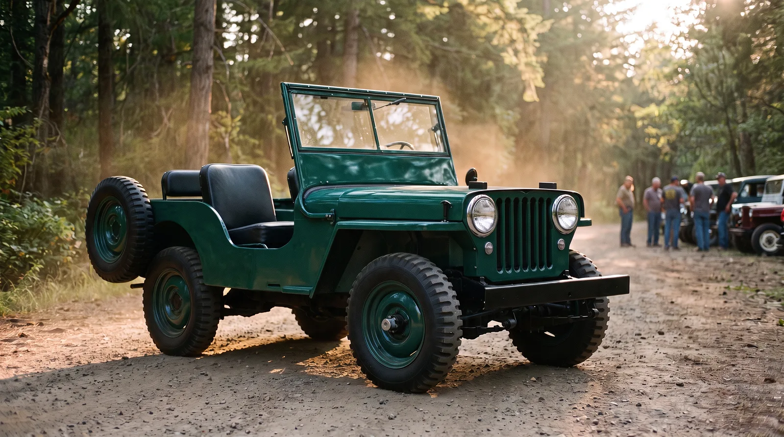 1946 Willys CJ-2A, restored example on a backlit forest road