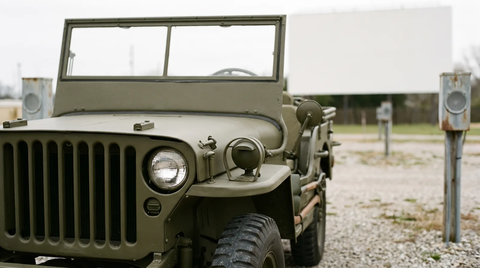 1943 Willys MB jeep — front detail at an empty drive-in theatre