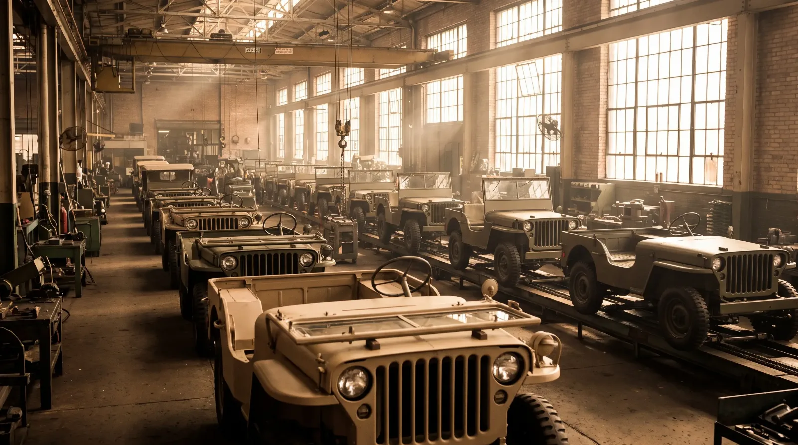 Rows of Willys Overland Jeeps on a 1950s factory assembly line