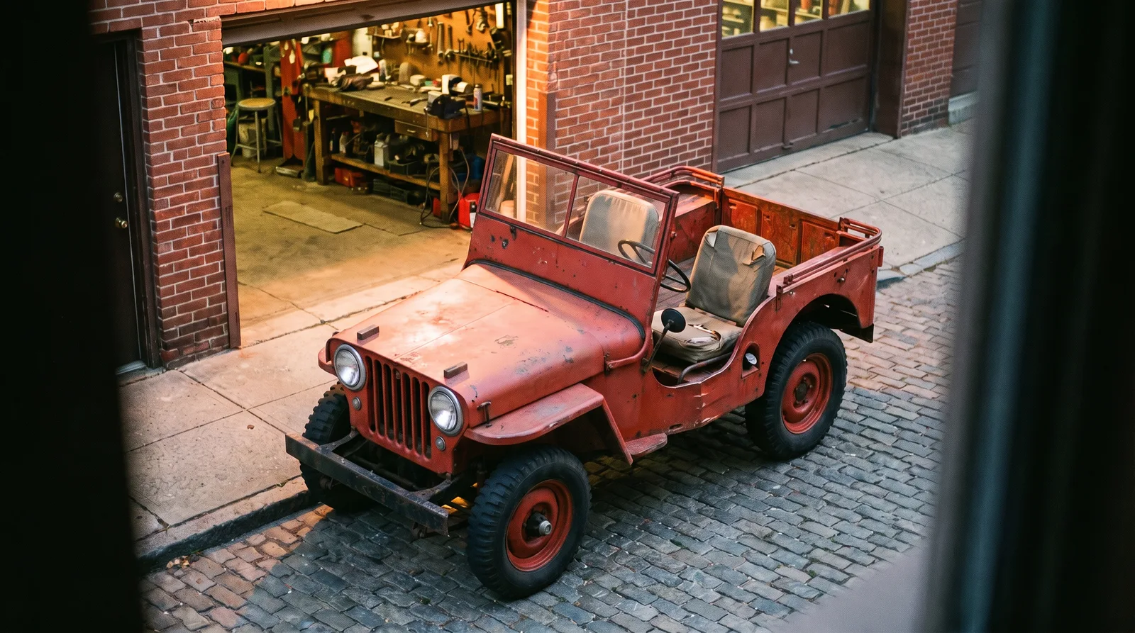 1946 Willys CJ-2A, unrestored survivor parked on a city street