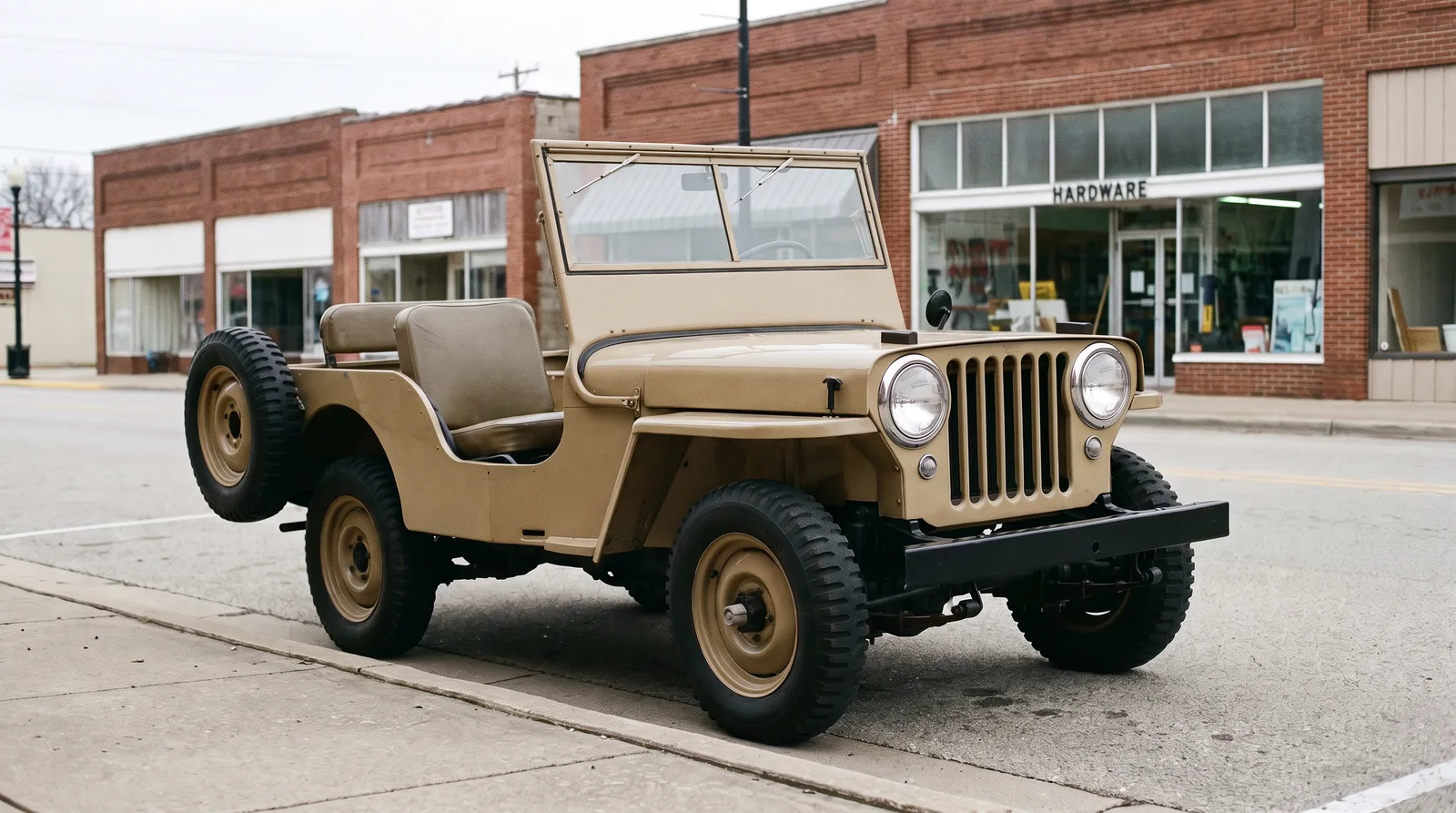 1946 Willys CJ-2A, parked on a small-town main street