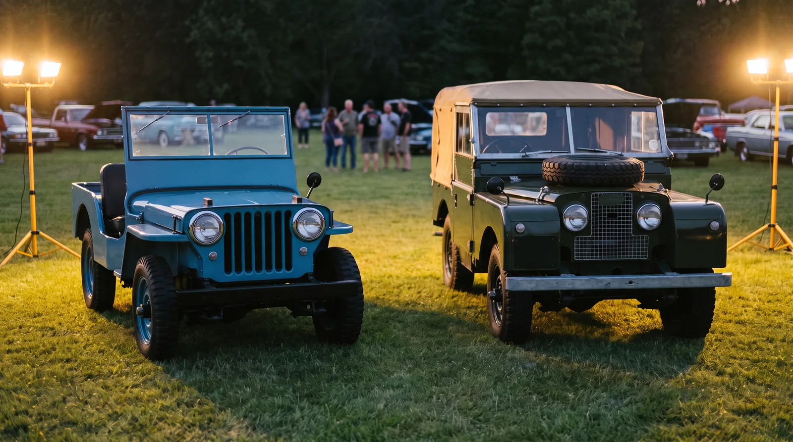 1946 Willys CJ-2A and 1948 Land Rover Series I, side by side on a show lawn at dusk