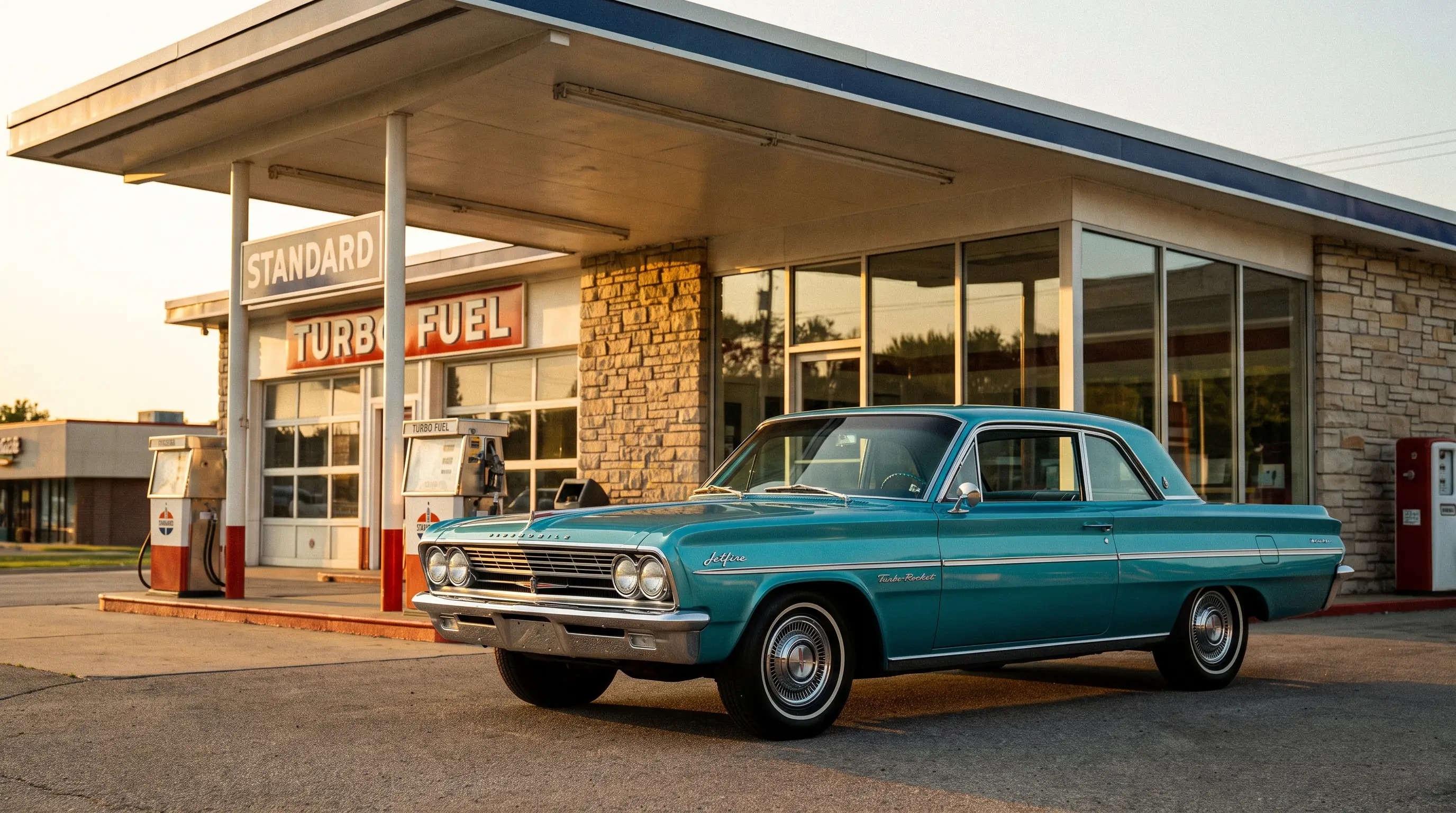 Turquoise 1962 Oldsmobile Jetfire parked outside a mid century modern gas station