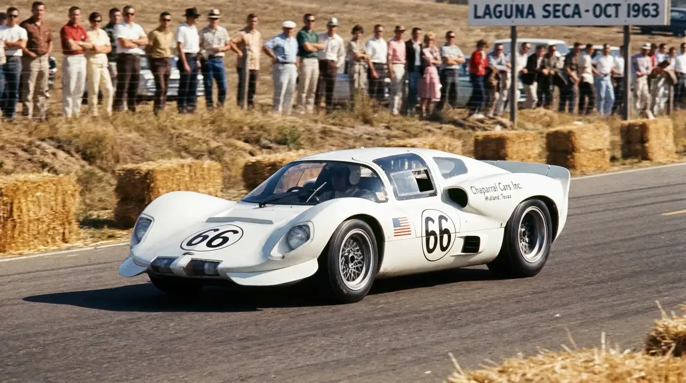 White Chaparral 2 sports racing car with Chevrolet V8 engine on a road circuit in the early 1960s in the style of Jim Hall's Texas racing operation