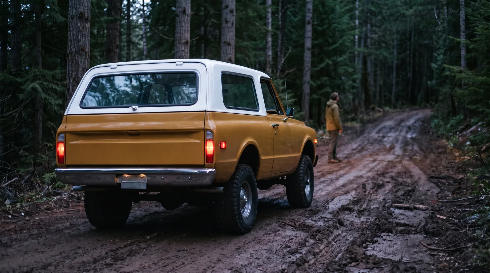 1969 Chevrolet K5 Blazer, 4x4 on a muddy forest road at dusk