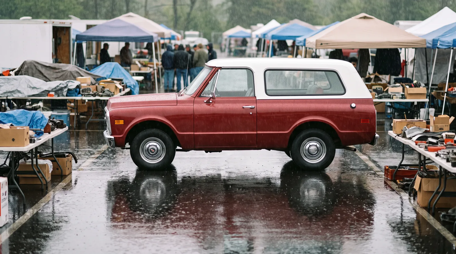 1969 Chevrolet K5 Blazer, parked in a rainy swap meet aisle