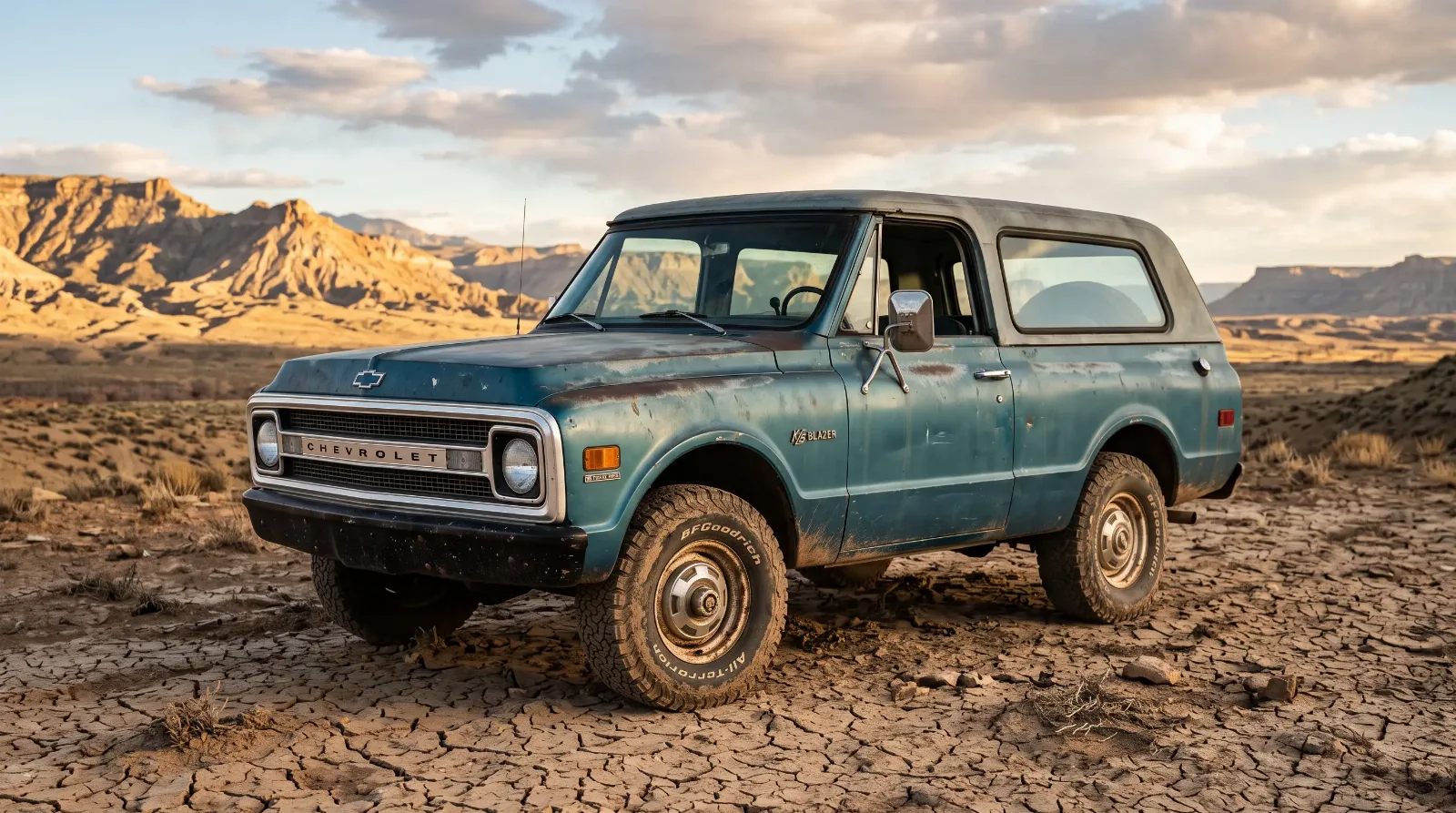 Sun faded original paint on a weathered 1969 K5 Blazer parked on desert earth