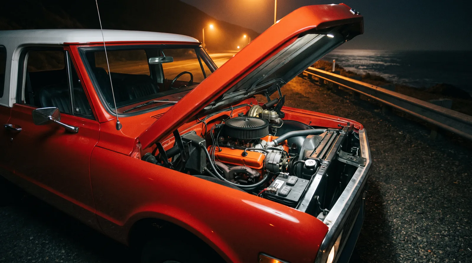 1969 Chevrolet K5 Blazer small-block V8, hood up on a coastal road at night