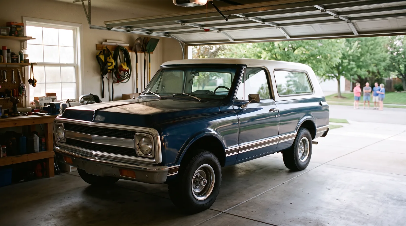 1969 Chevrolet K5 Blazer, parked in an open home garage