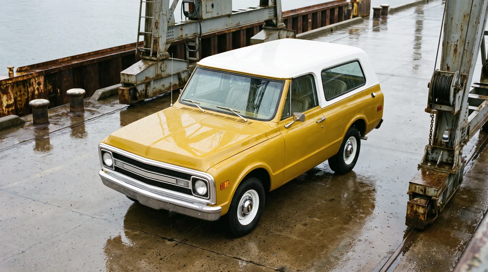 1969 Chevrolet K5 Blazer, rainy industrial waterfront from above