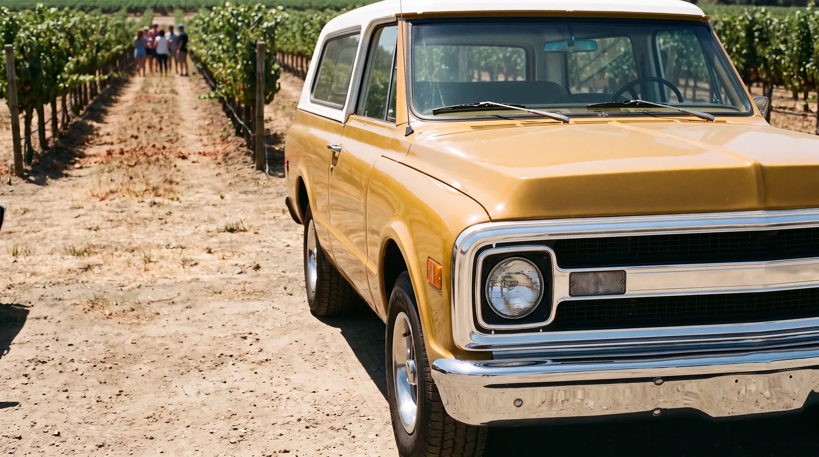 1969 Chevrolet K5 Blazer, front corner in a sunlit vineyard