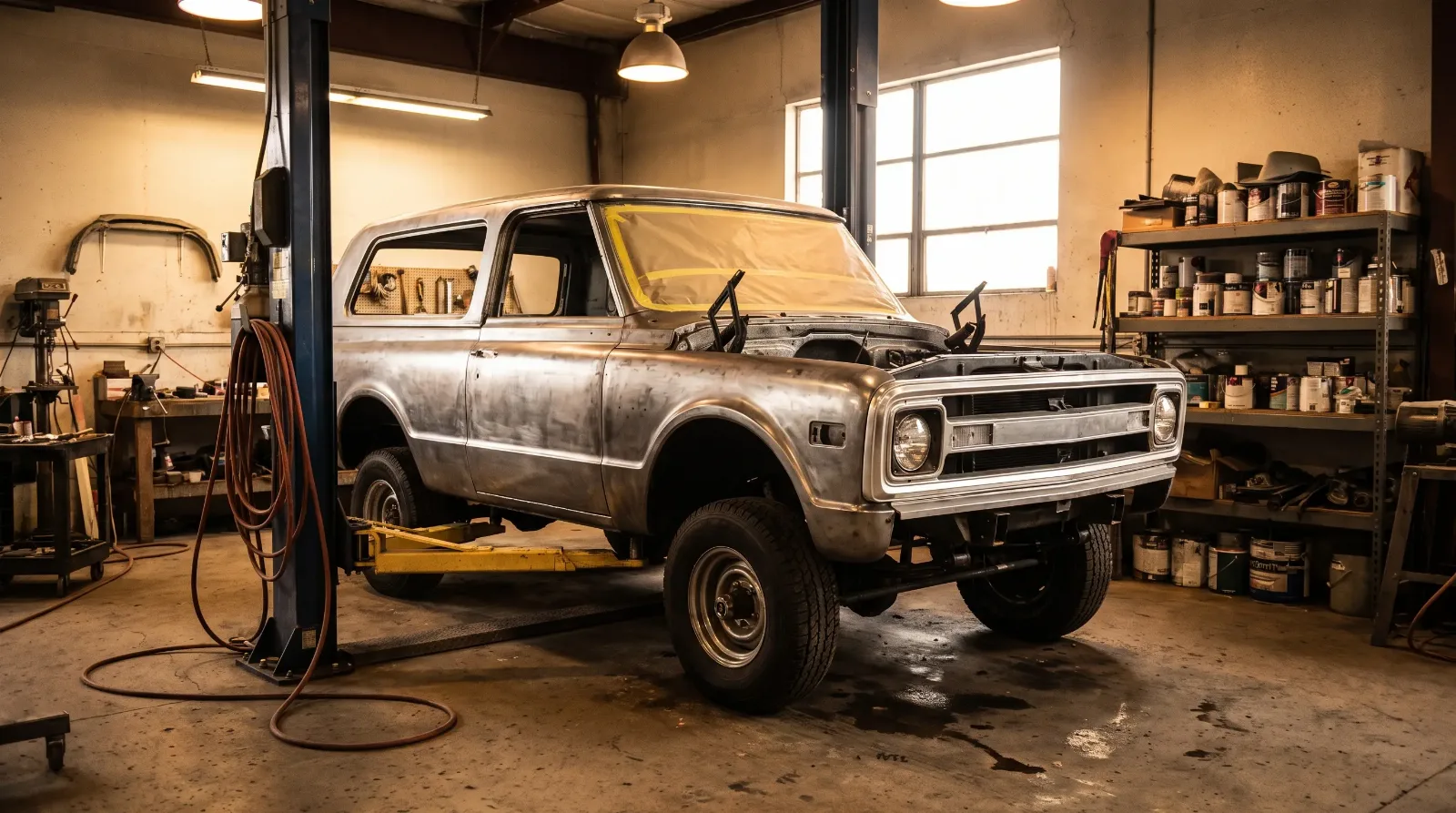 Partially restored 1969 K5 Blazer on a lift in a restoration garage