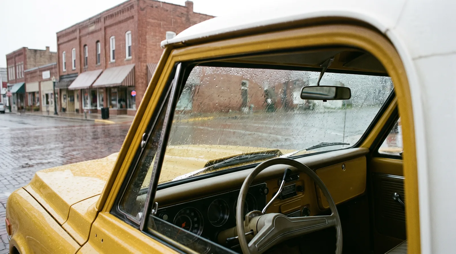 1969 Chevrolet K5 Blazer — dashboard and rainy main street