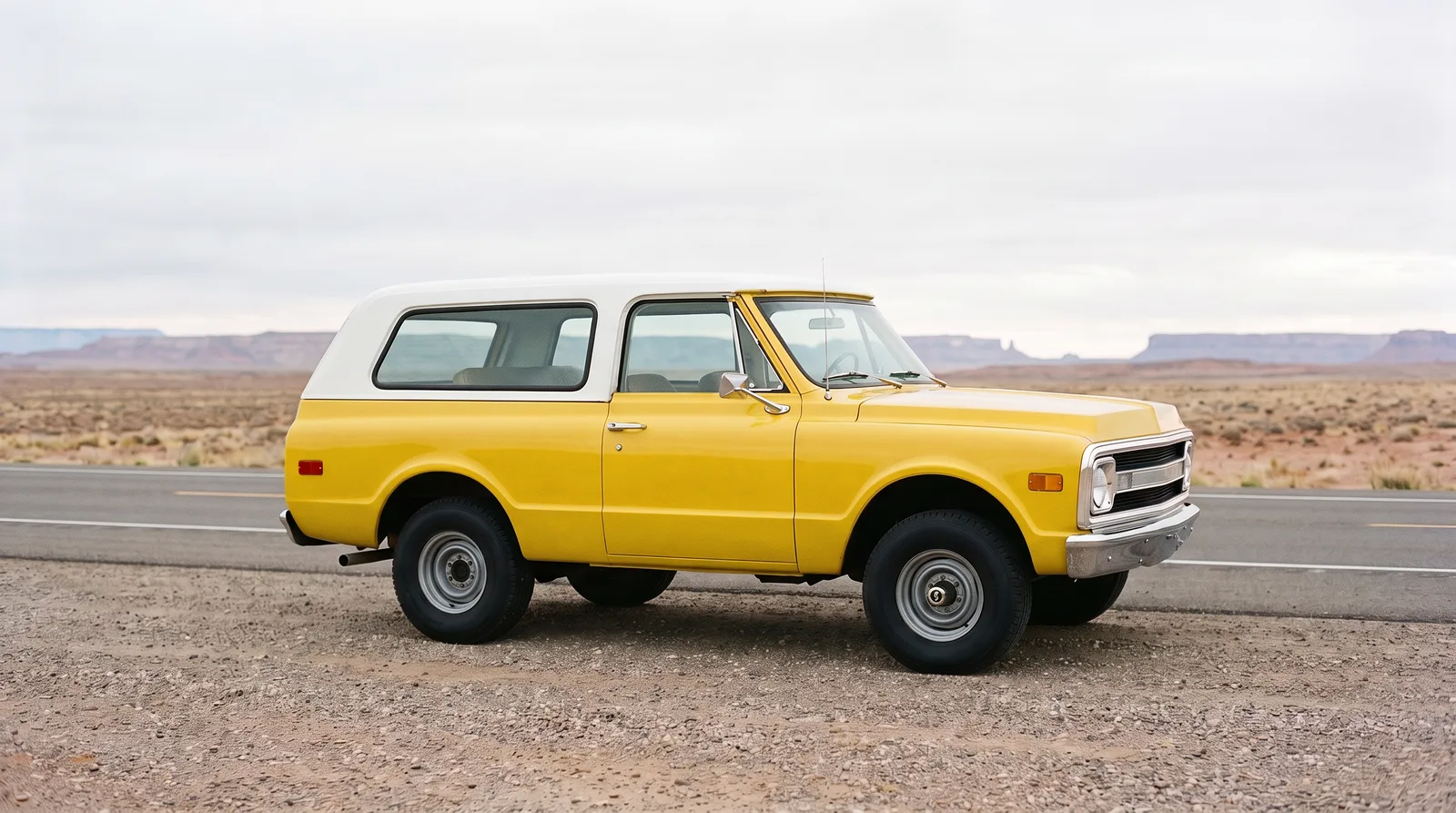 1969 Chevrolet K5 Blazer, side profile on a desert highway