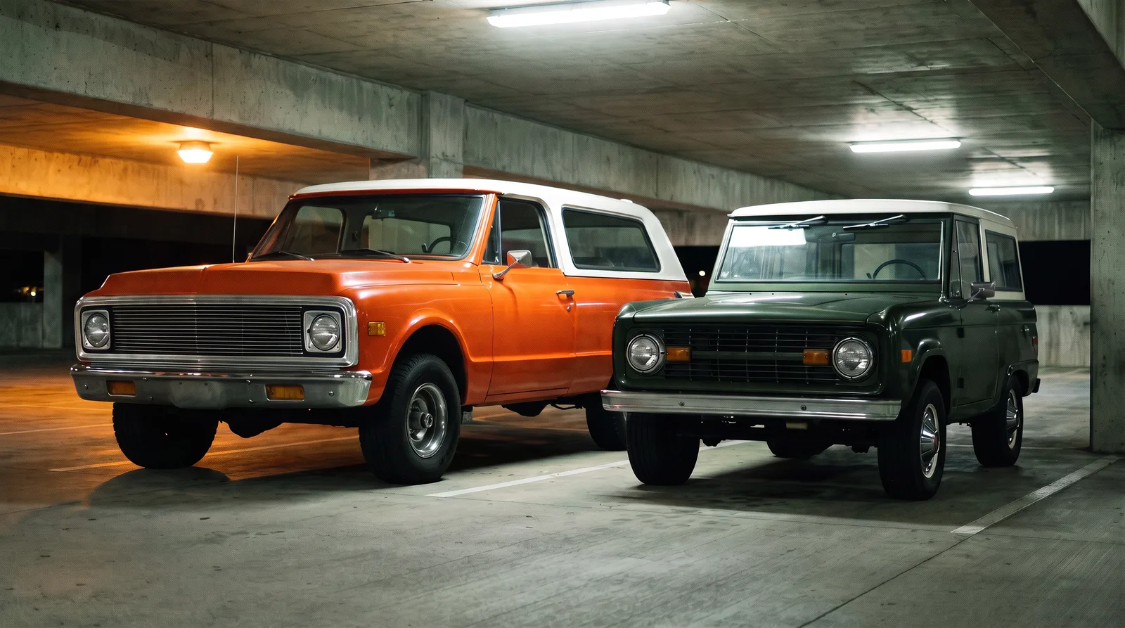 1969 Chevrolet K5 Blazer and Ford Bronco, side by side in a parking garage at night