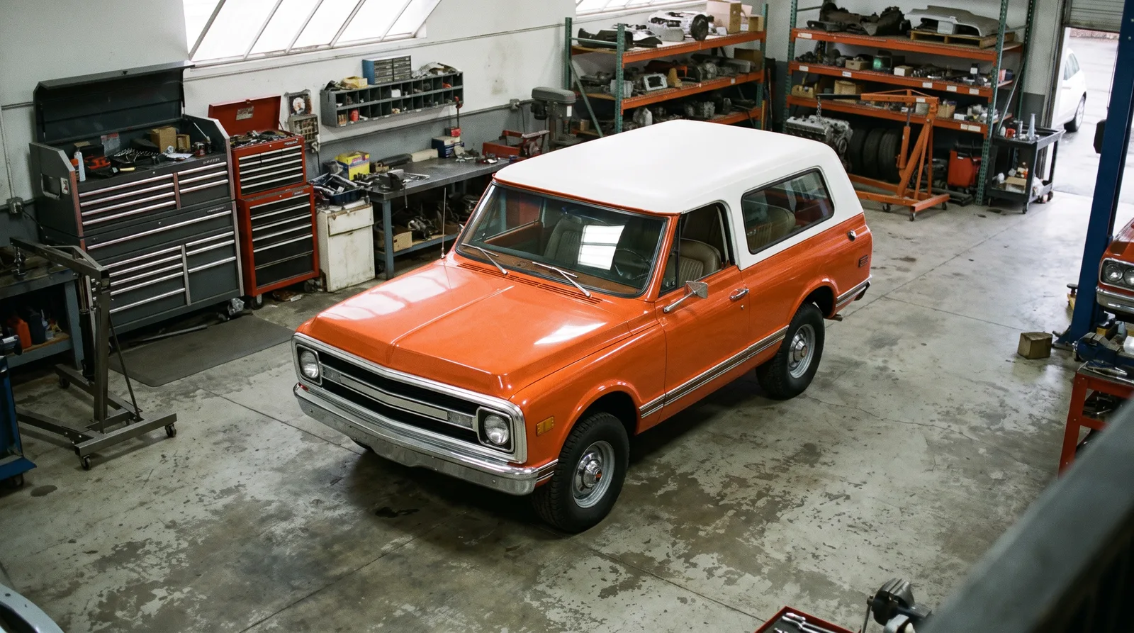 1969 Chevrolet K5 Blazer, seen from above in a restoration shop