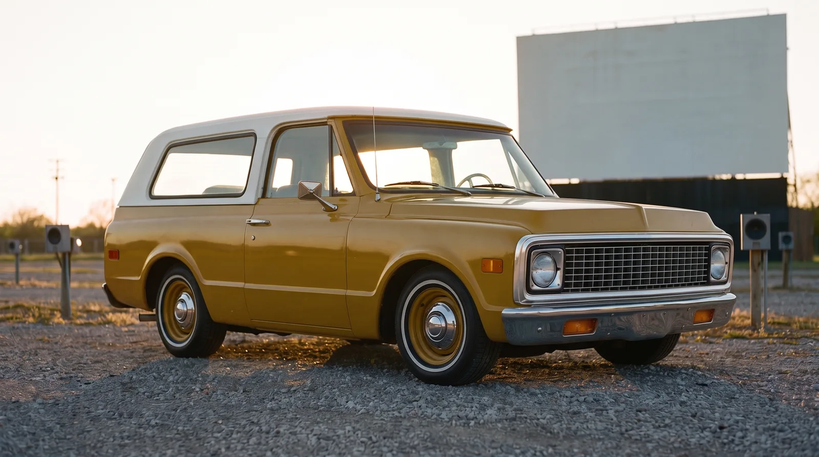 1972 Chevrolet Blazer two-wheel drive, at an empty drive-in theatre