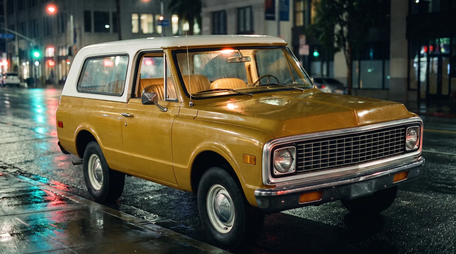 1972 Chevrolet K5 Blazer, cabin glowing on a rainy night avenue
