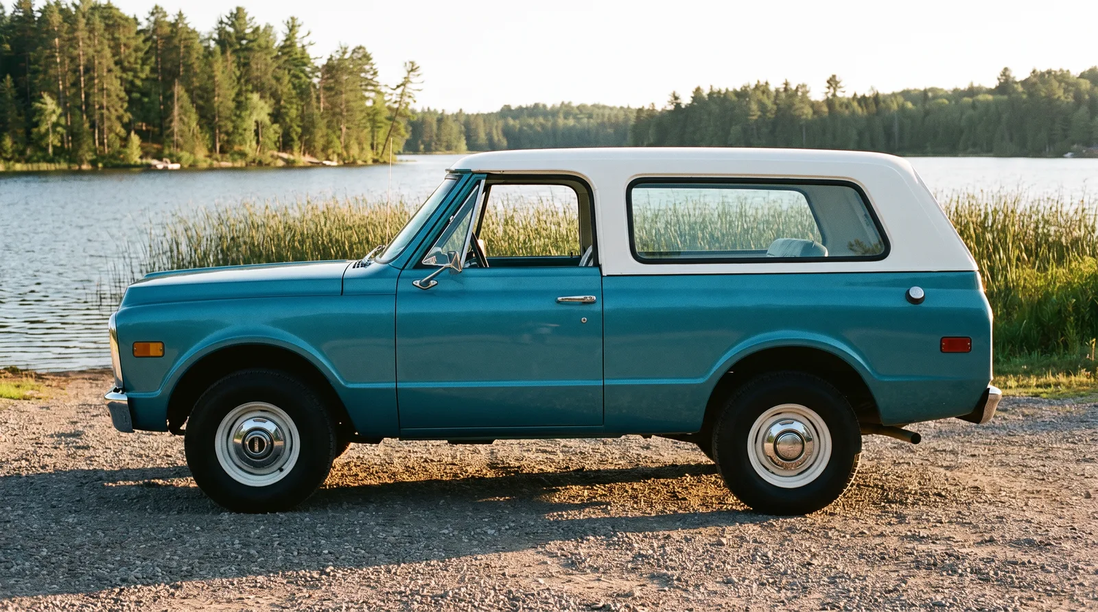 1972 GMC Jimmy, turquoise and white hardtop at a lakeside lot