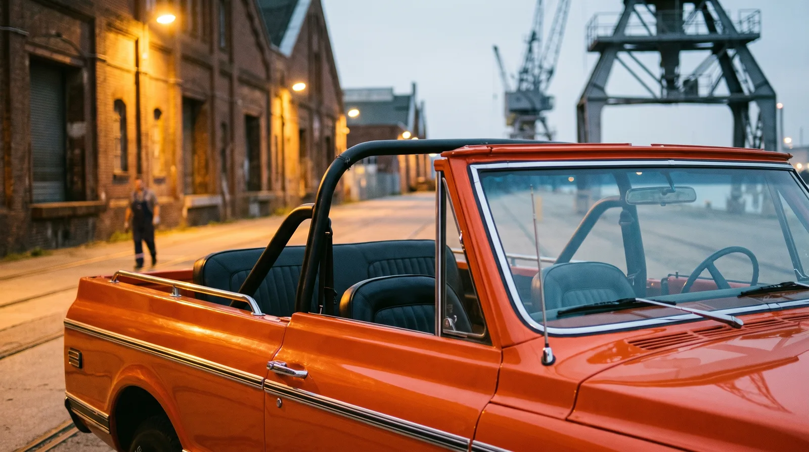 1972 Chevrolet K5 Blazer, top off on an industrial quay