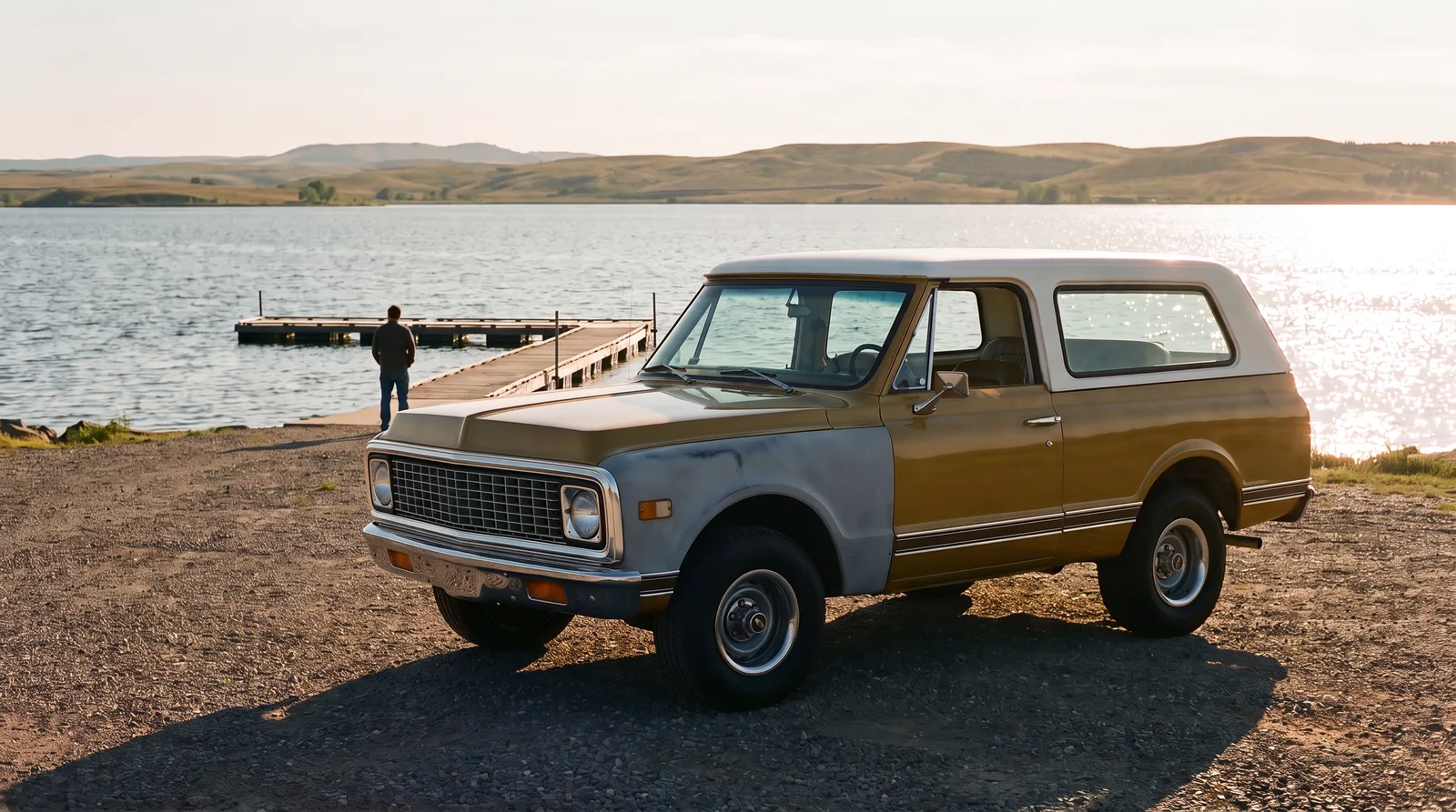 1972 Chevrolet K5 Blazer, mid-restoration by a lake at sunset