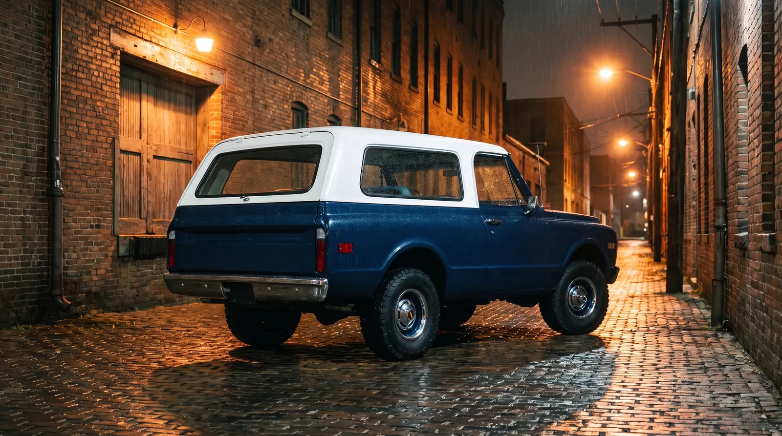 1972 Chevrolet K5 Blazer — parked in a brick warehouse alley at night