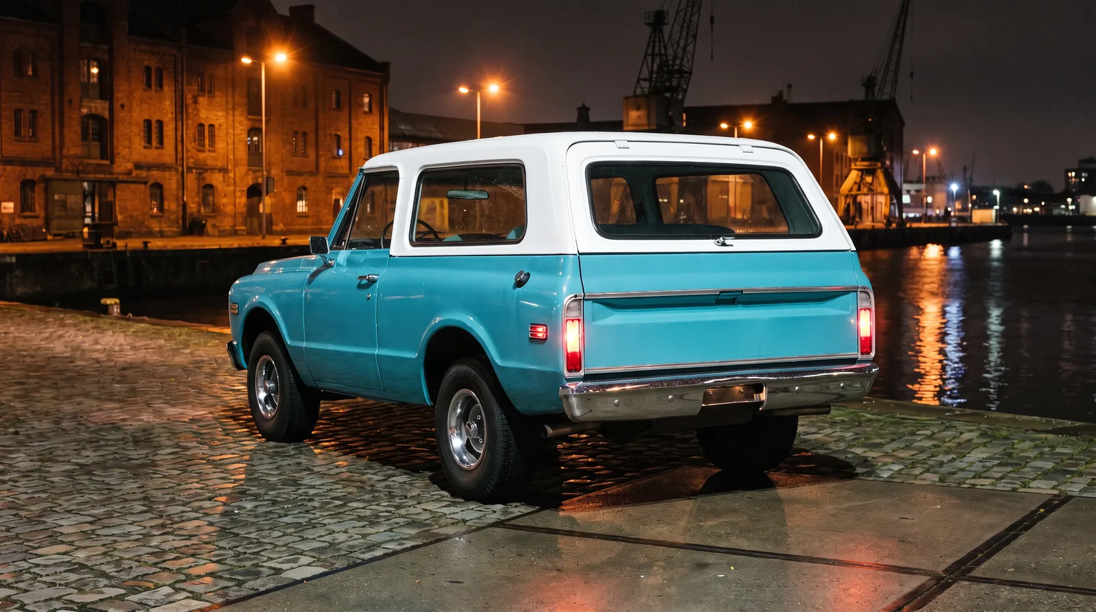 1972 Chevrolet K5 Blazer, night on an industrial waterfront quay