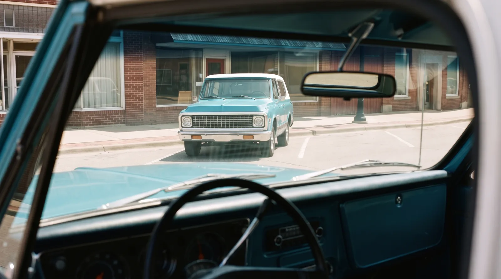 1971 Chevrolet K5 Blazer, seen through a 1972 K5 windshield