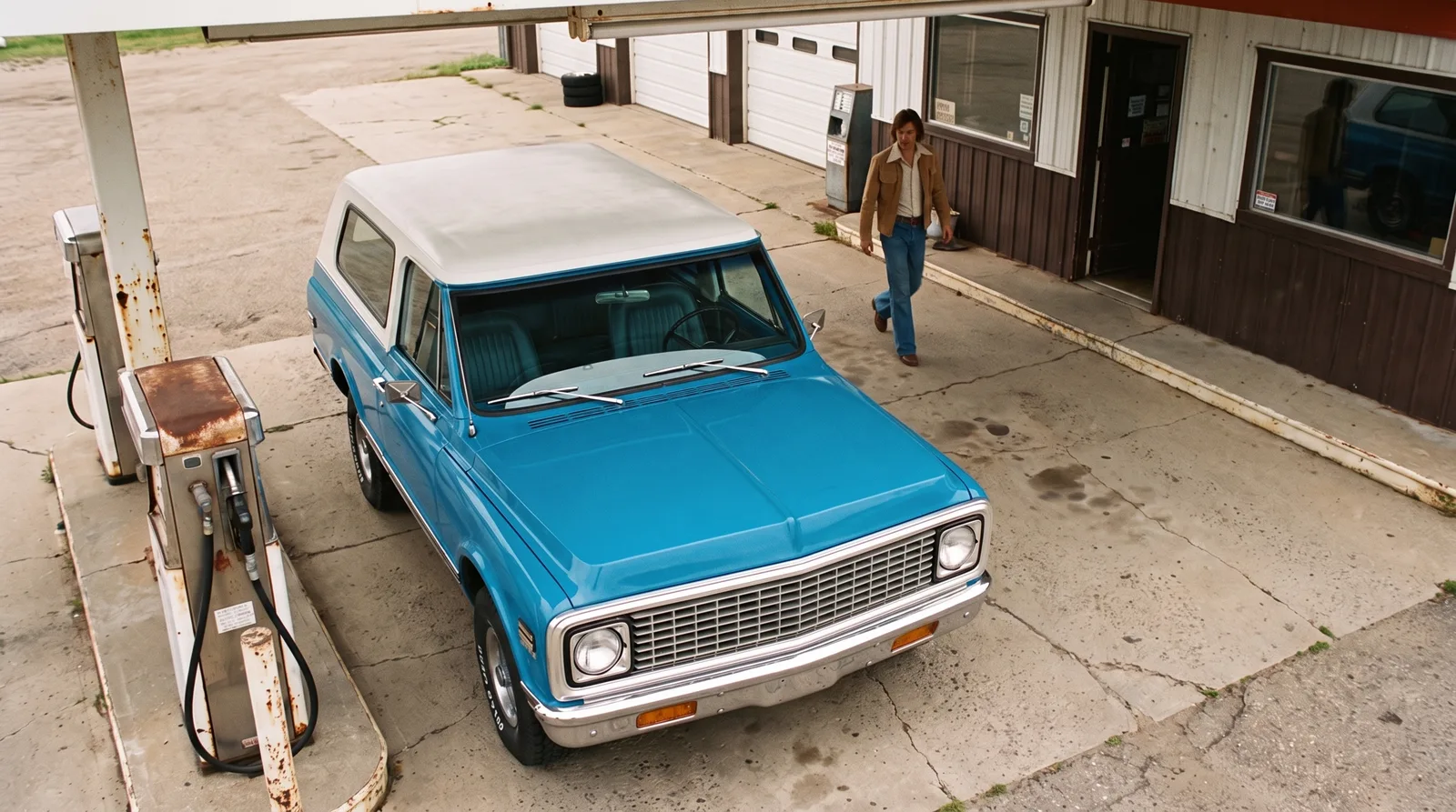 1972 Chevrolet K5 Blazer, parked at an old gas station