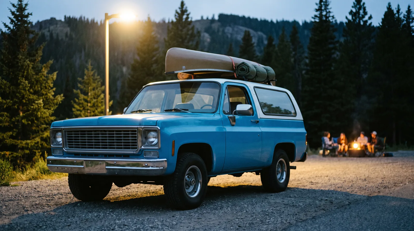1973 Chevrolet K5 Blazer, loaded for camping at a mountain pull-out