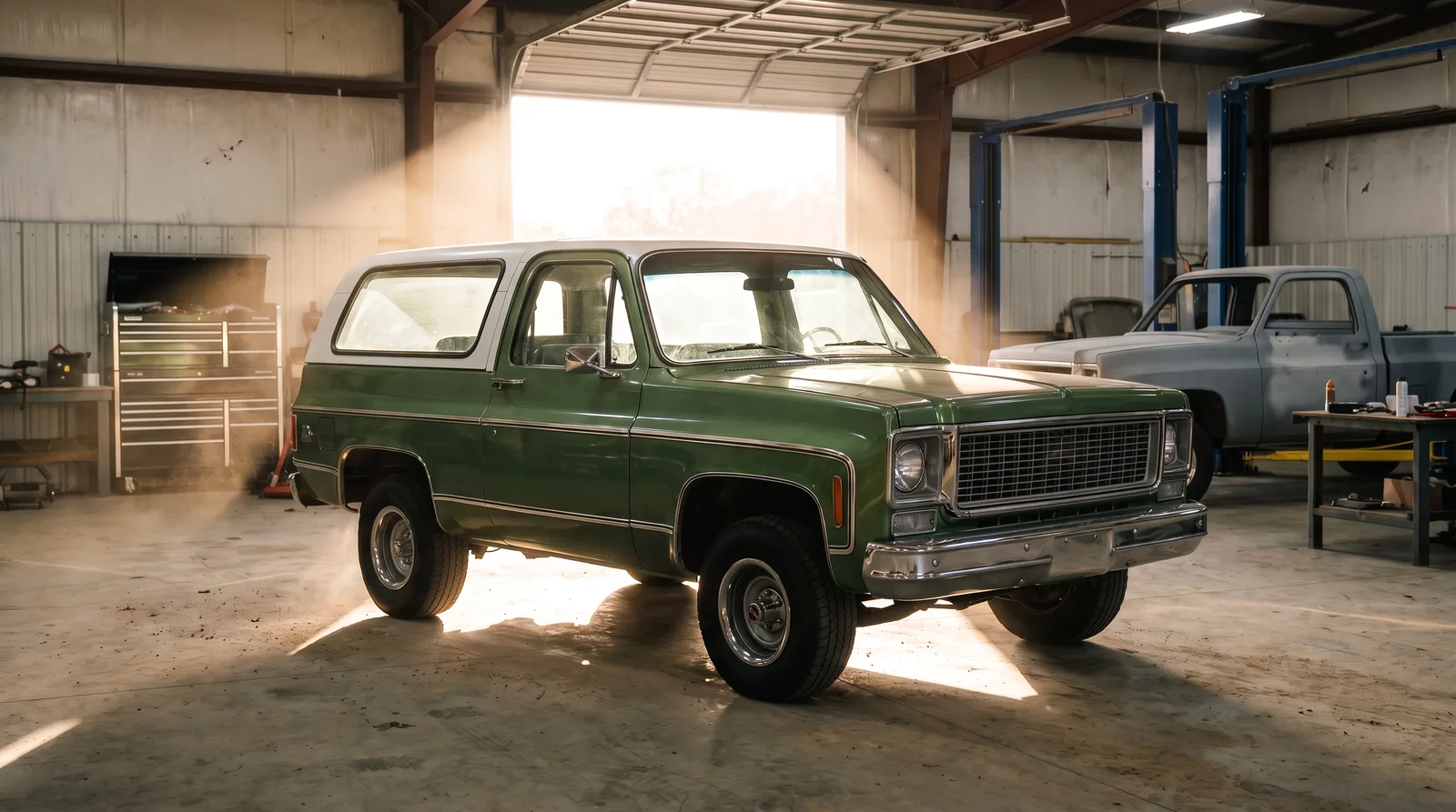 1973 Chevrolet K5 Blazer Cheyenne, chrome trim in a backlit workshop